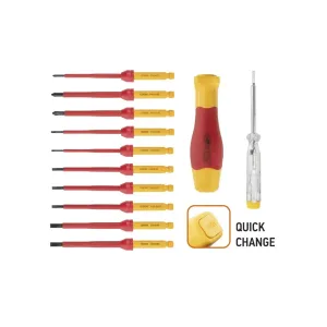 Neo Tools insulated screwdriver set with 100mm long driver bits and voltage tester.