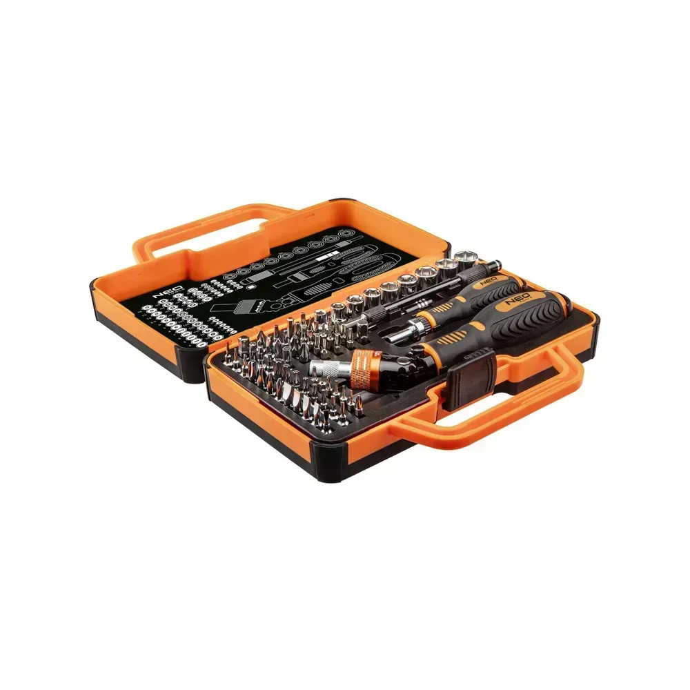 69-piece NEO Tools screwdriver set with 55 precision bits, including TORX, PH, and SL types