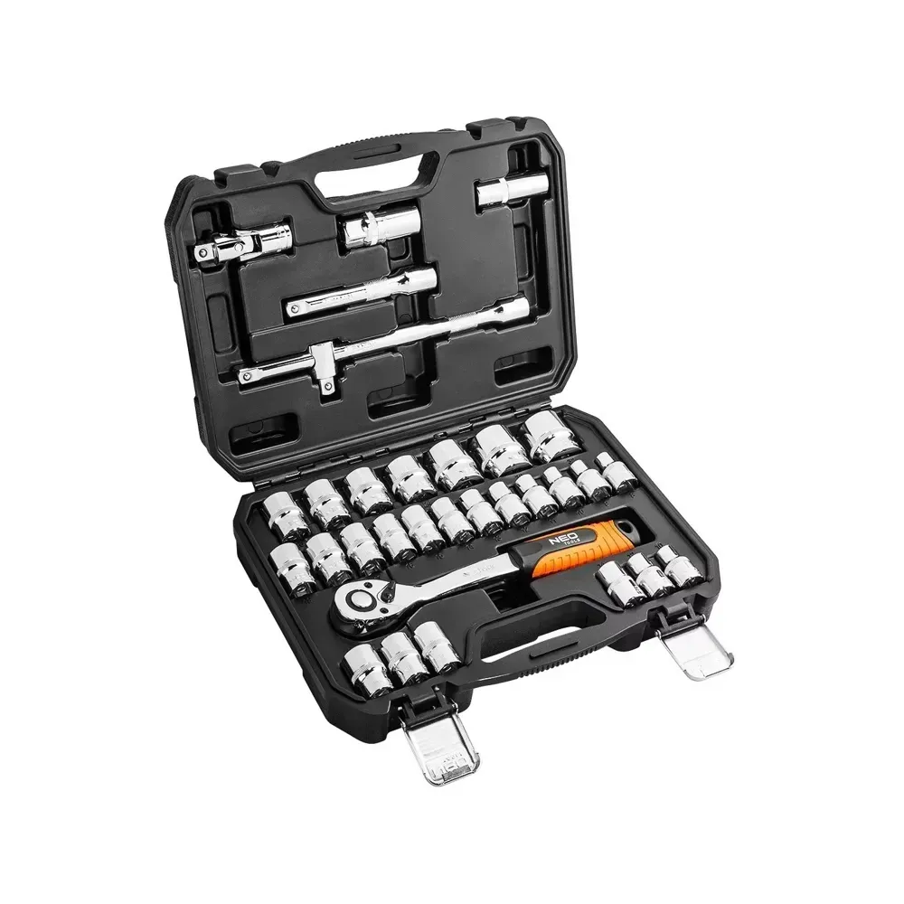 Neo Tools 32-piece socket set with 1/2-inch ratchet.