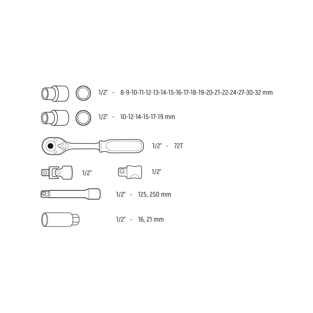 Professional-grade socket set with 27 sockets and extensions