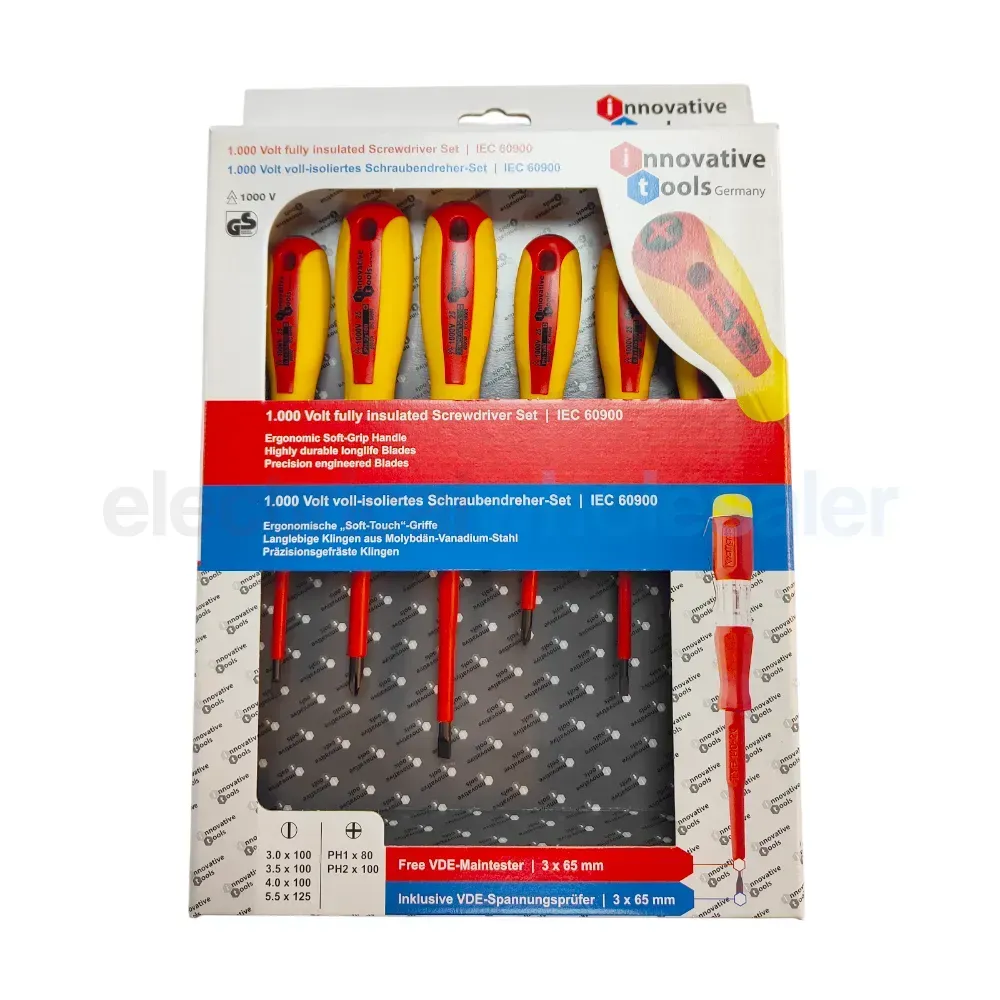Innovative Tools 1000V Fully Insulated Screwdriver Set, 7-piece electrician's tool kit with VDE certification. Features ergonomic soft-grip handles and a 1000V rating for safety.