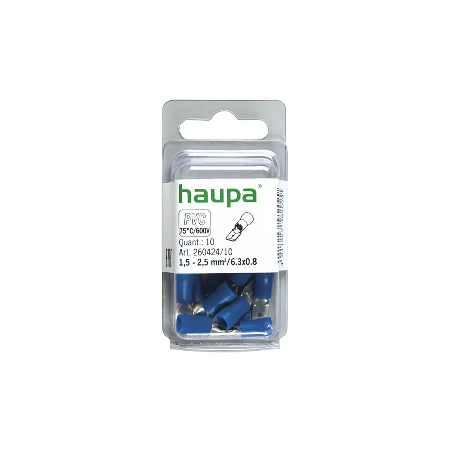 Haupa Insulated Flat Terminal 1.5-2.5mm Blue PVC 6.3x0.8 Pack of 10