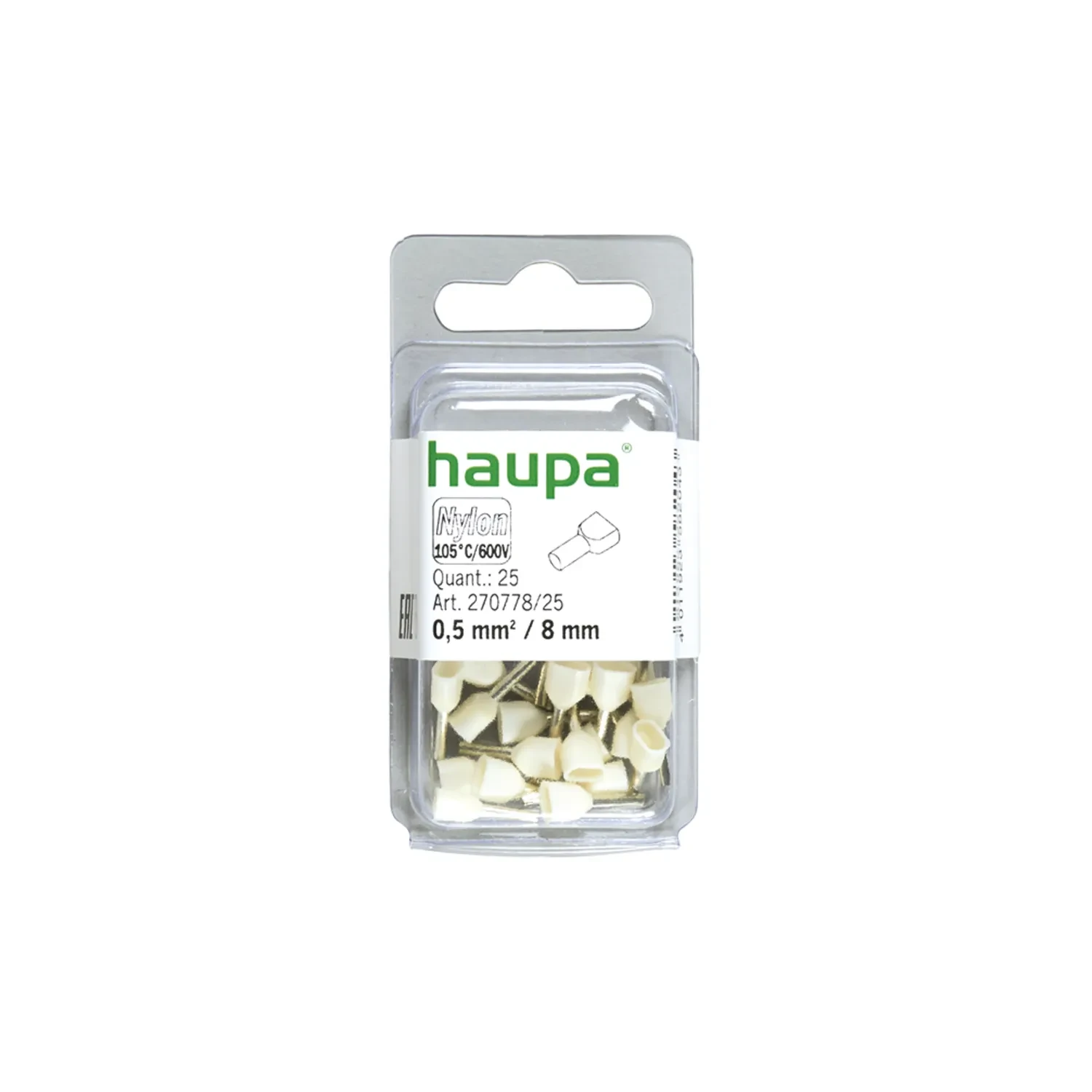 Haupa Twin Bootlace Ferrule 0.5mm2 8mm White Pack of 25