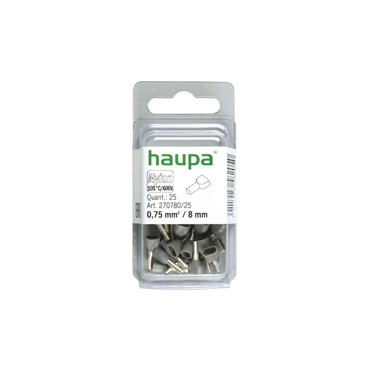 Haupa Twin-End Bootlace Ferrule 0.75mm2 8mm Grey Pack of 25
