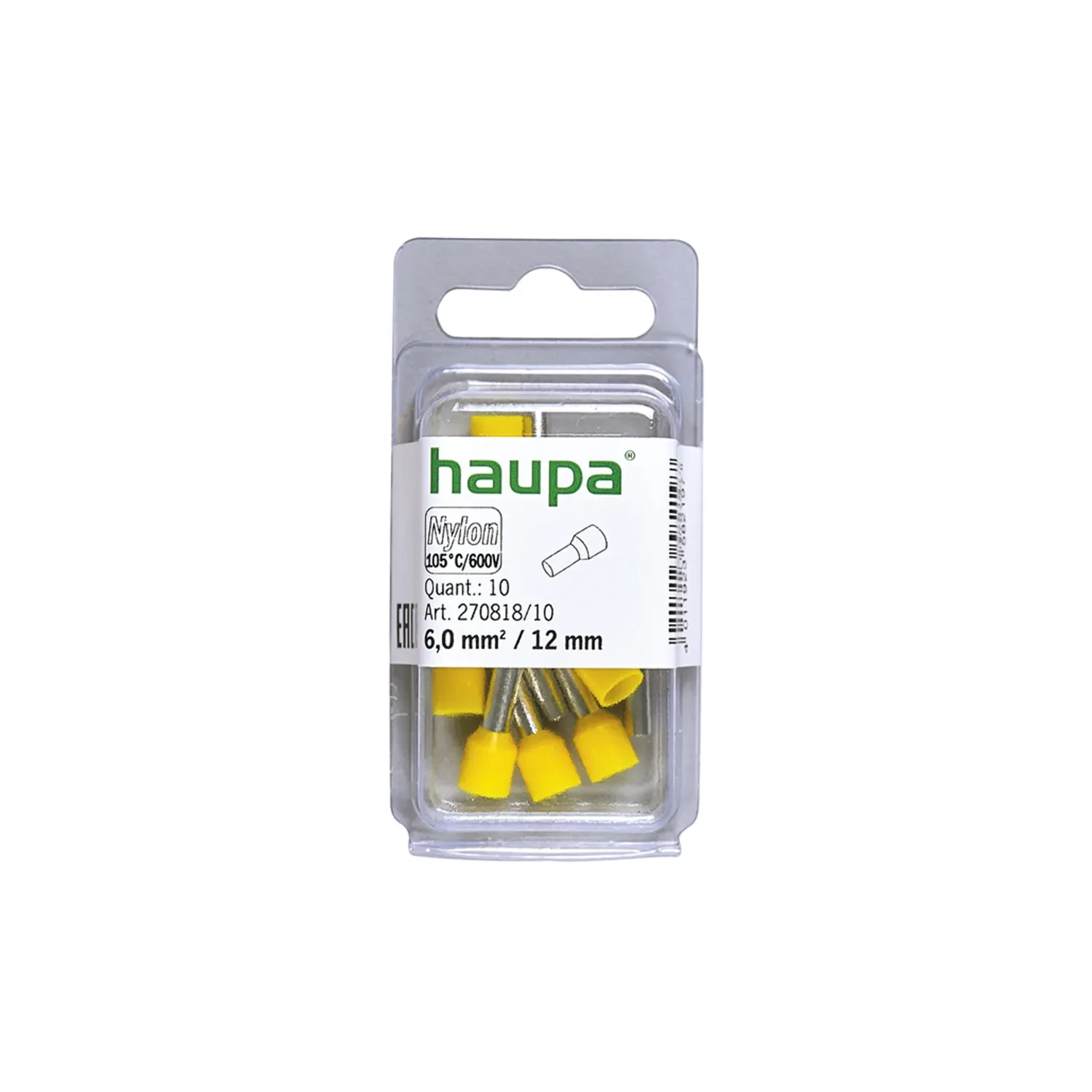 Haupa Bootlace Ferrule 6mm2 x 12mm Yellow Pack of 10