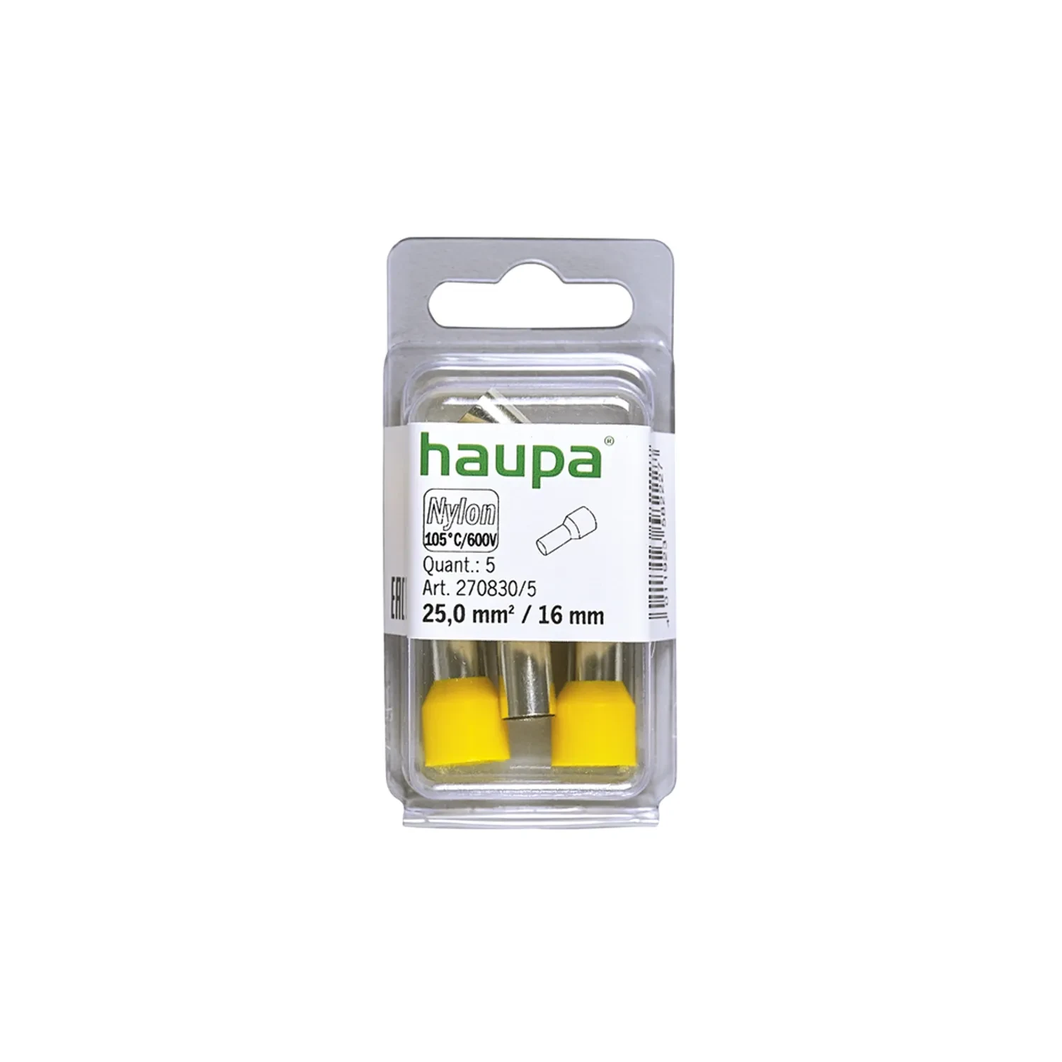 Haupa Bootlace Ferrule 25mm² 16mm Insulated Yellow Pack of 5