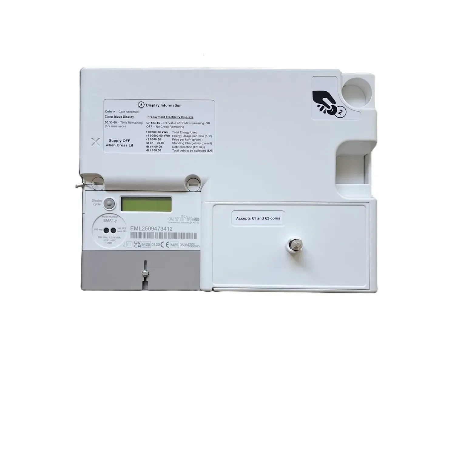 Emlite Pre-Pay 1 and 2 Euro Coin Energy Meter front view with LCD display