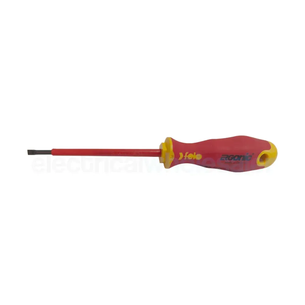 Felo ERGONIC VDE slotted screwdriver with an 2.5mm tip and red and yellow insulated handle.