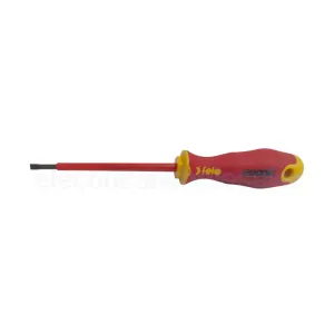 Felo ERGONIC VDE slotted screwdriver with an 3.5mm tip and red and yellow insulated handle.