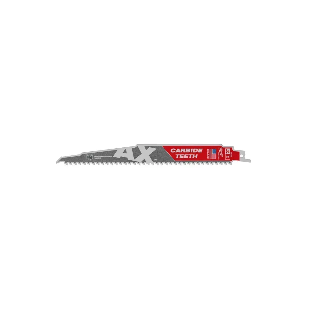 Milwaukee TCT AX 230mm Sawzall Blade for heavy-duty demolition with carbide teeth, NAIL GUARD, and FANG TIP for precise and fast cutting in wood, nails, and tough materials.