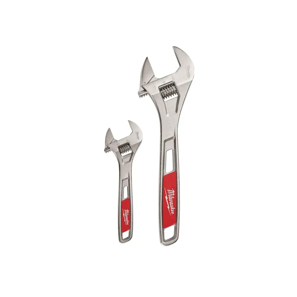 Milwaukee Adjustable Wrench Twin Pack with 150 mm and 250 mm wrenches featuring chrome plating, ergonomic design, and precision adjustments for accuracy and durability.