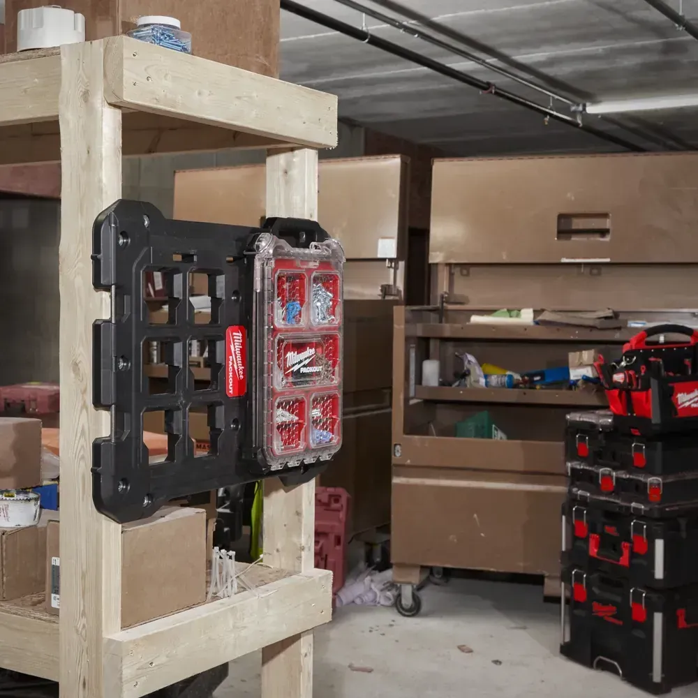 Jobsite tool organiser by Milwaukee with 10 removable bins and weather protection