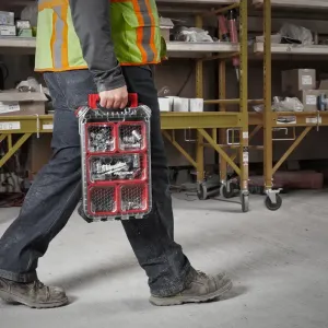 Jobsite tool organiser by Milwaukee with 10 removable bins and weather protection