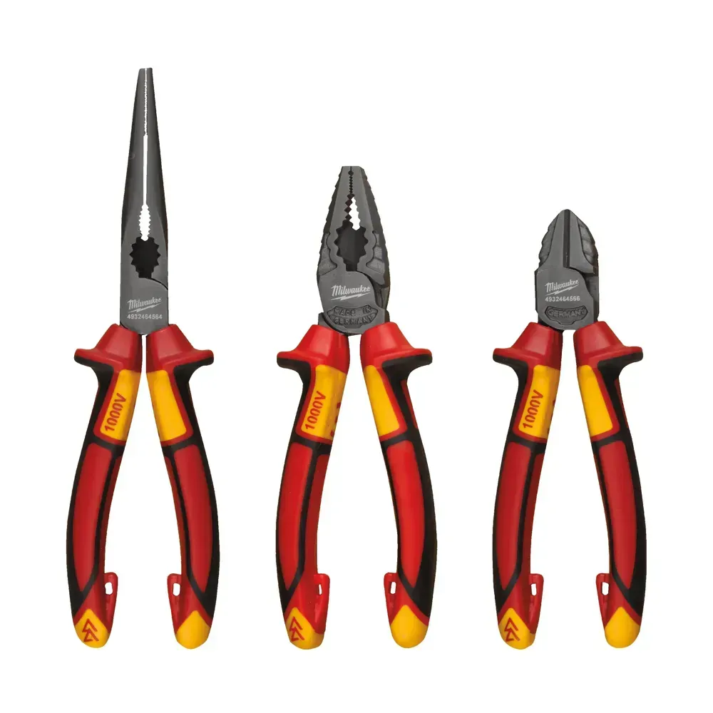 Milwaukee 3 Piece VDE Plier Set with red insulated handles