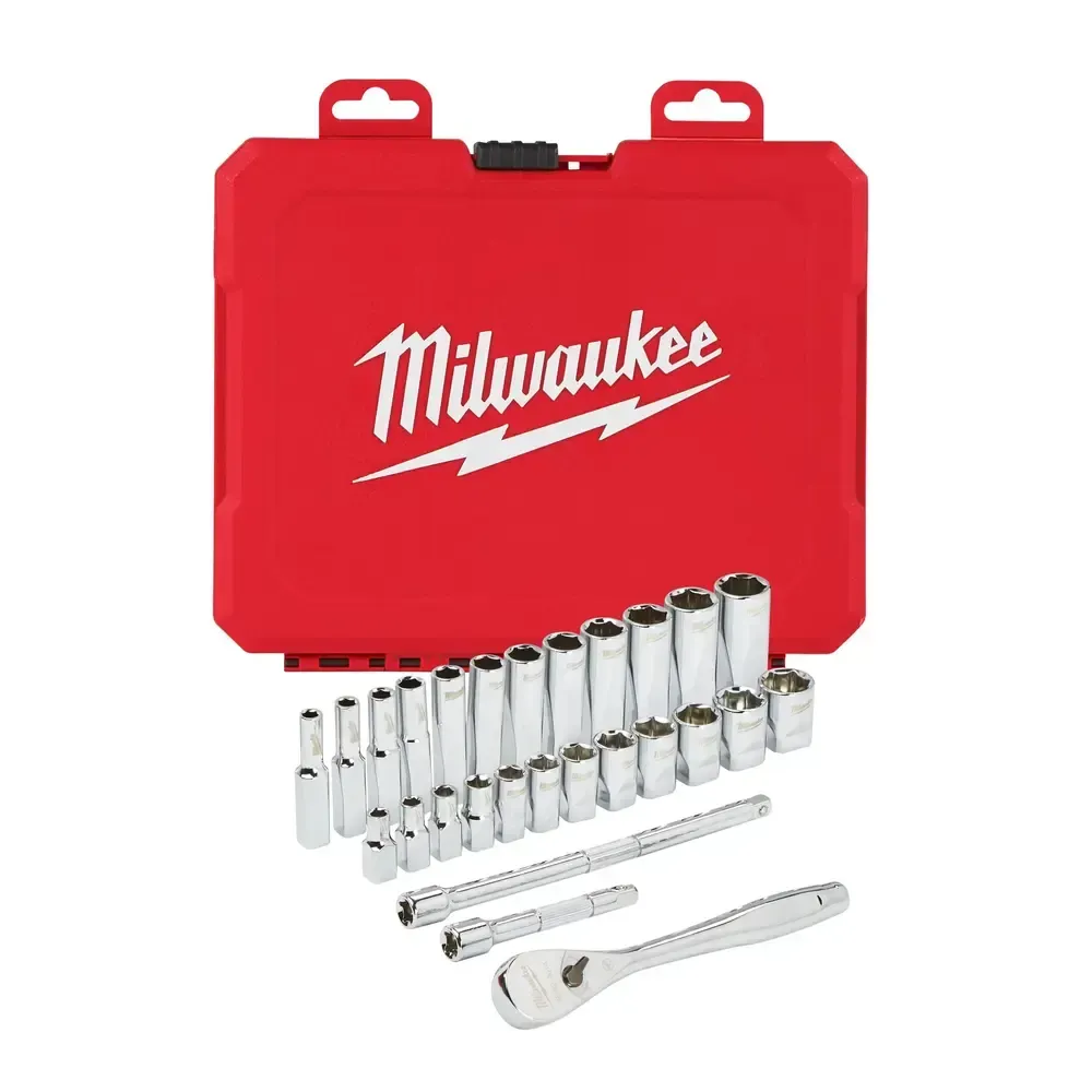 Milwaukee 1/4 Inch Drive Ratcheting & Socket Set Metric, Red (28 Pieces)