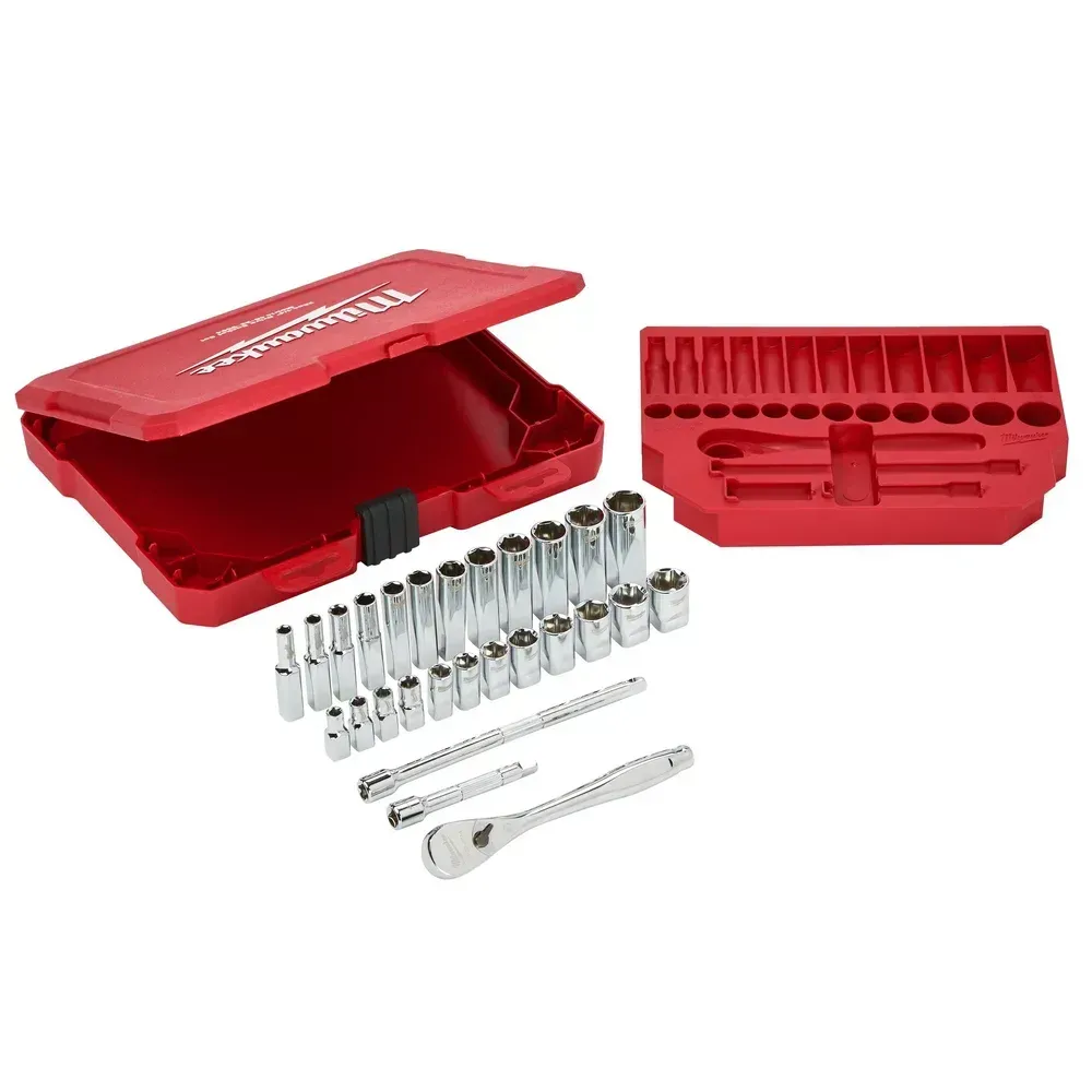 Milwaukee 1/4 Inch Drive Ratcheting & Socket Set Metric, Red (28 Pieces)
