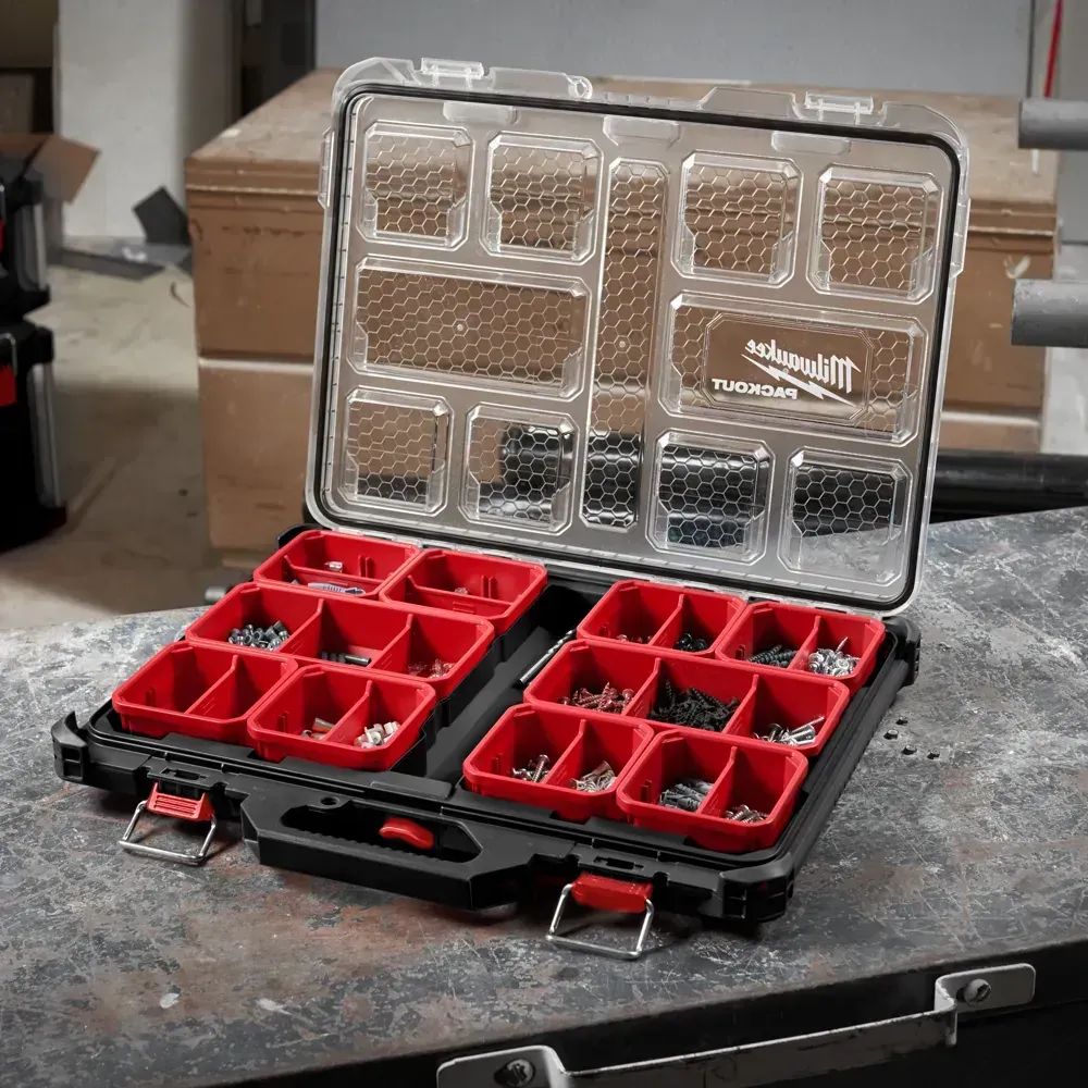 Jobsite tool organiser by Milwaukee with 10 removable bins and weather protection