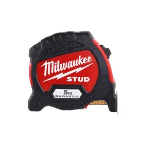Milwaukee STUD II 5m tape measure with EXO 360 blade technology, strong magnet, 4m standout, anti-tear coating, ABS housing, and Class II accuracy.