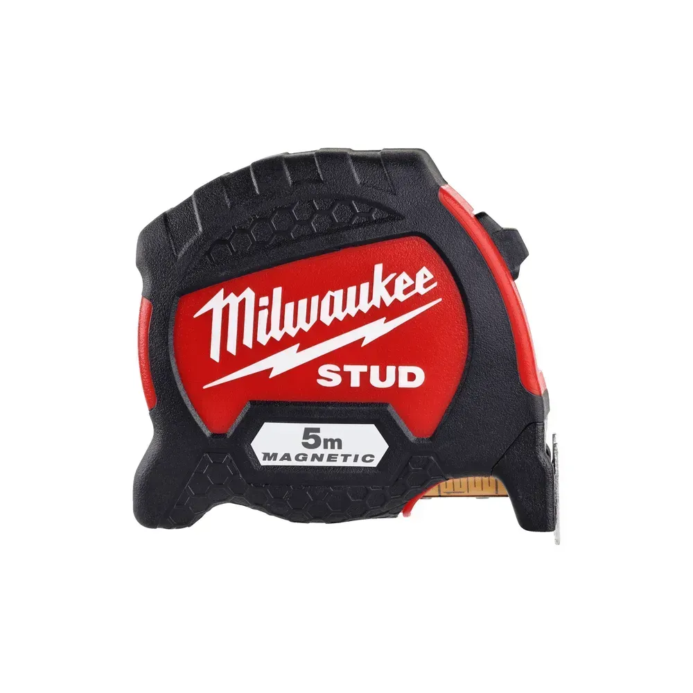 Milwaukee STUD II 5m tape measure with EXO 360 blade technology, strong magnet, 4m standout, anti-tear coating, ABS housing, and Class II accuracy.