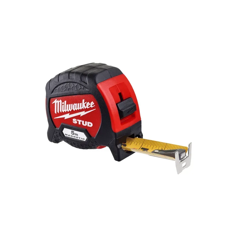 Milwaukee STUD II 5m tape measure with EXO 360 blade technology, strong magnet, 4m standout, anti-tear coating, ABS housing, and Class II accuracy.