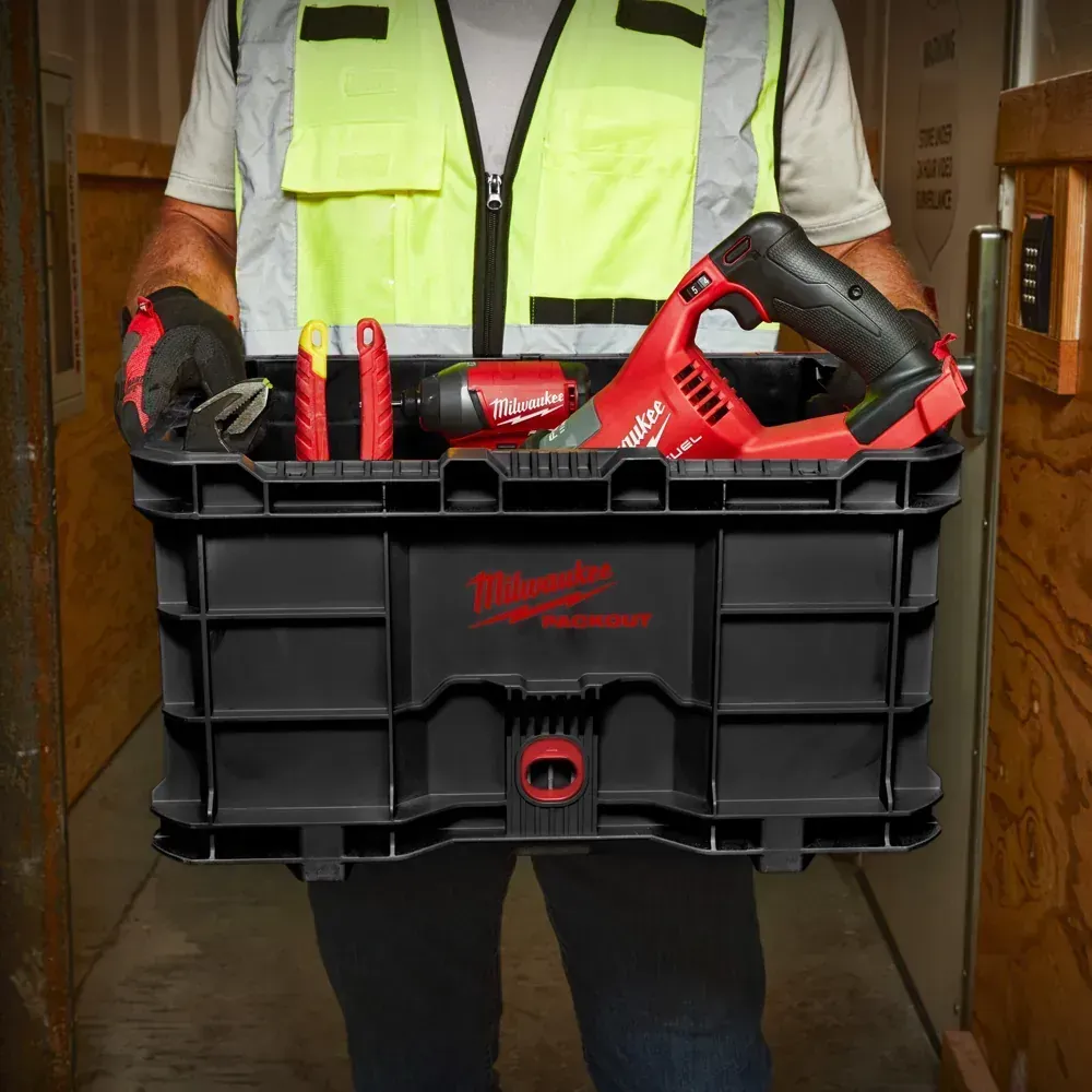 Large capacity Milwaukee PACKOUT tool crate with vertical and horizontal stacking