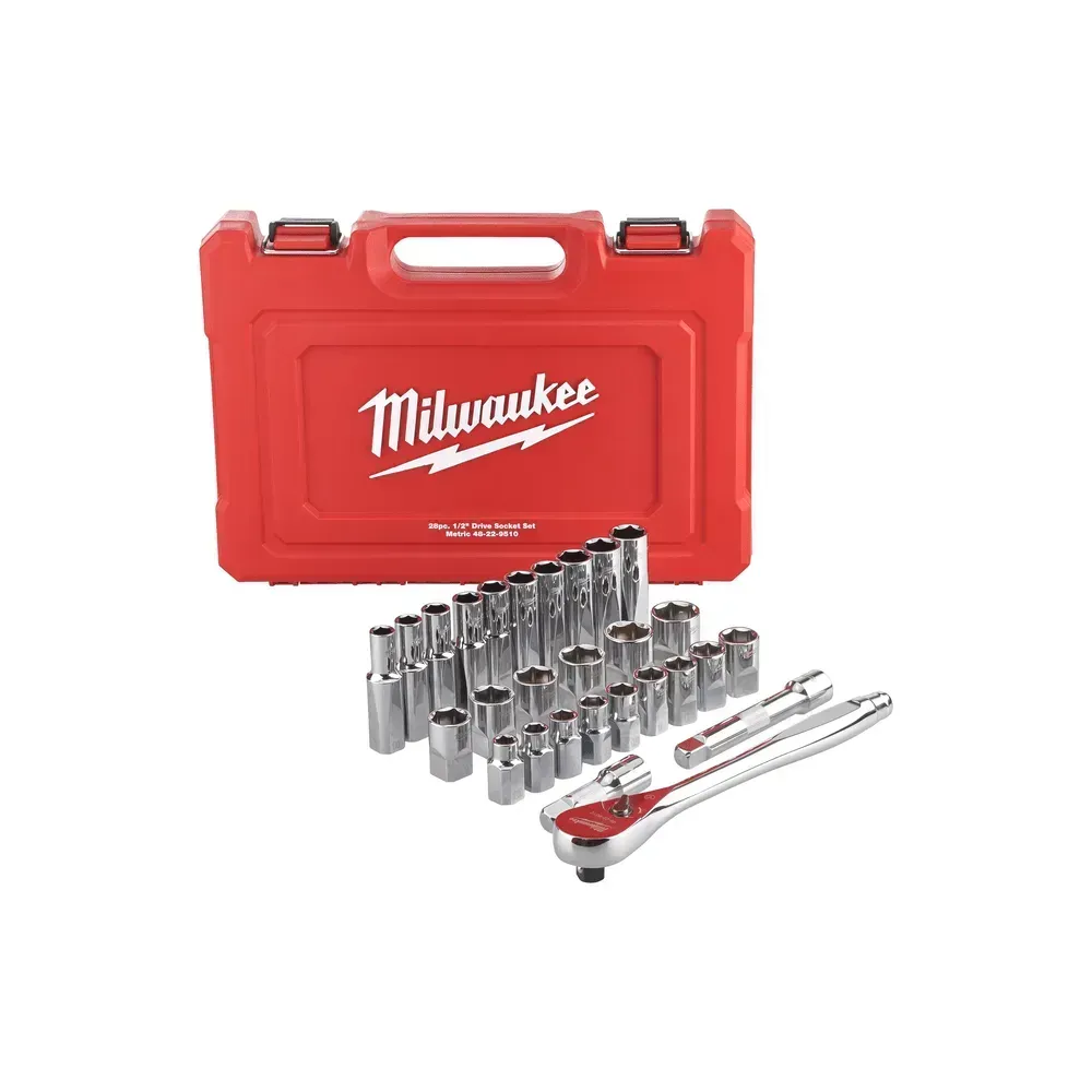 Milwaukee 1/2" 28-piece ratchet set with four-flat sockets