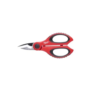 Milwaukee Electrician's Scissors with cable cutting groove, wire stripping groove, crimper up to 6 mm, and adjustable tightening screw for professional electricians.