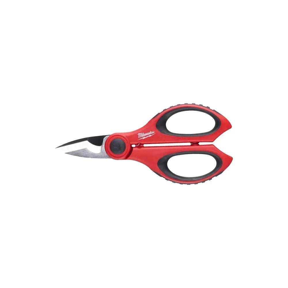 Milwaukee Electrician's Scissors with cable cutting groove, wire stripping groove, crimper up to 6 mm, and adjustable tightening screw for professional electricians.
