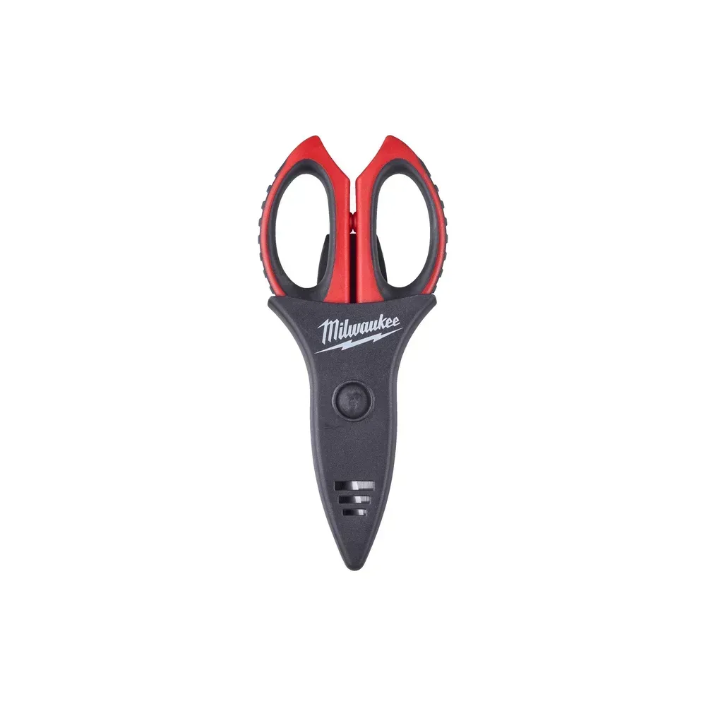 Milwaukee Electrician's Scissors with cable cutting groove, wire stripping groove, crimper up to 6 mm, and adjustable tightening screw for professional electricians.