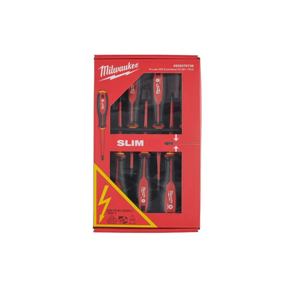 Milwaukee 7-piece VDE screwdriver set with Tri-Lobe handles.