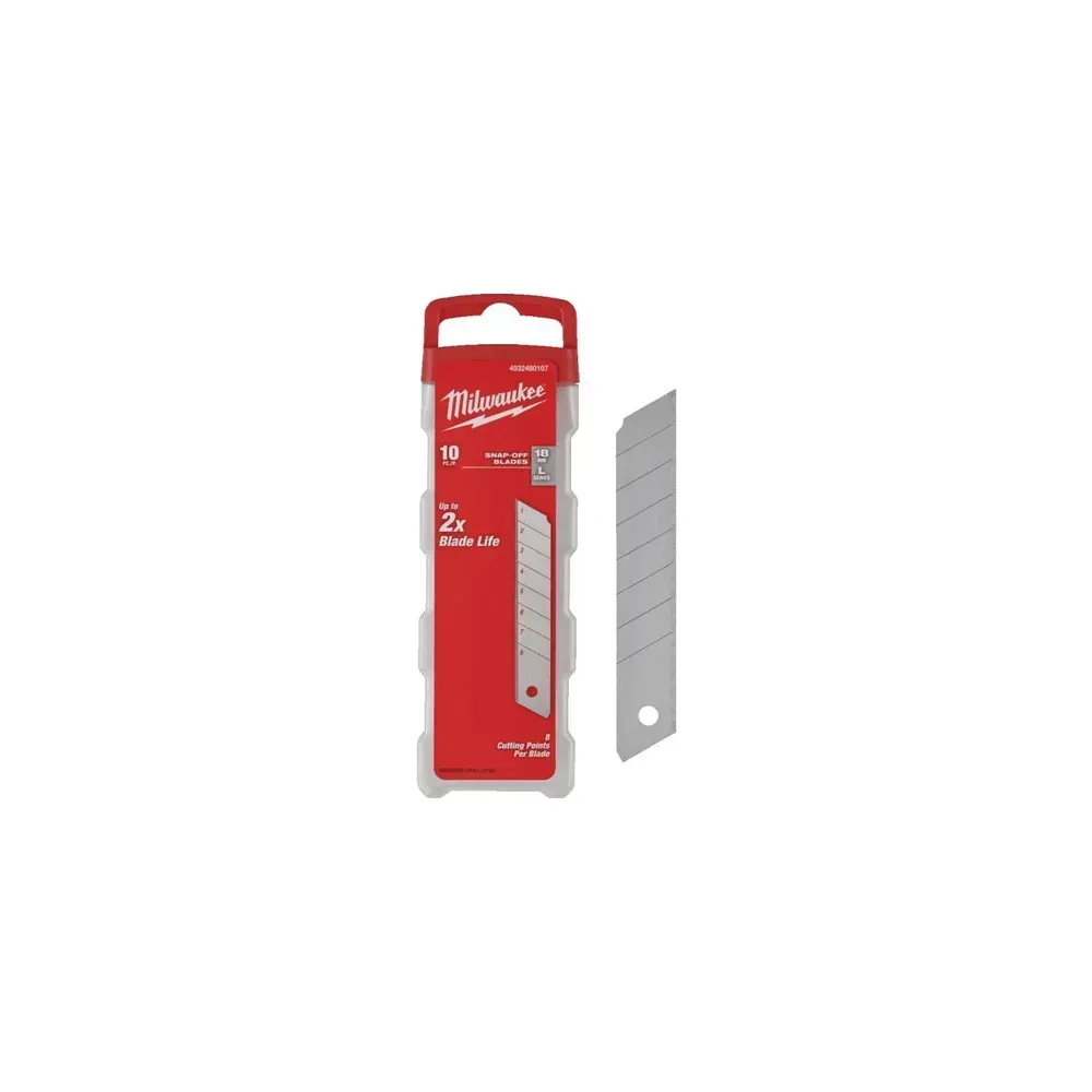 Milwaukee replacement snap-off blades in a 10-piece set with re-usable dispenser.