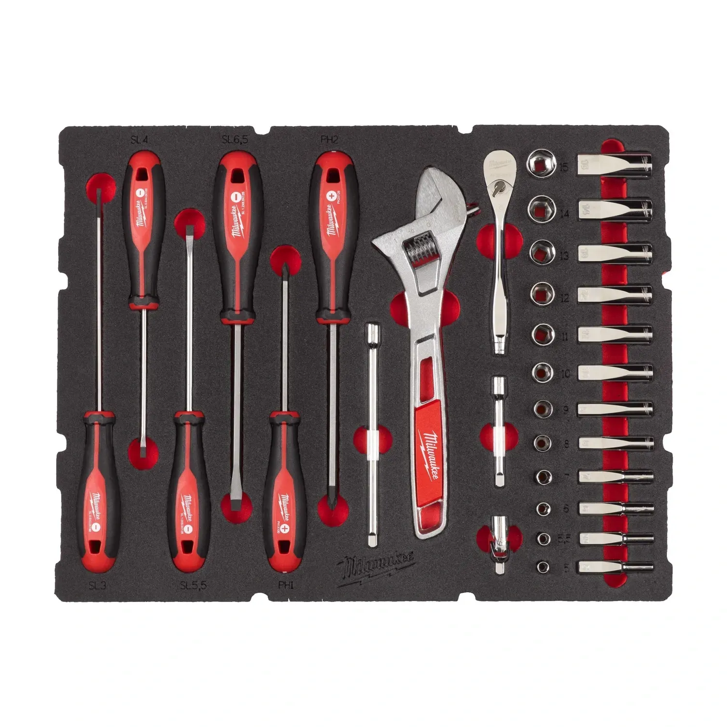 Milwaukee 35-piece 1/4 inch ratchet socket screwdriver set PACKOUT foam