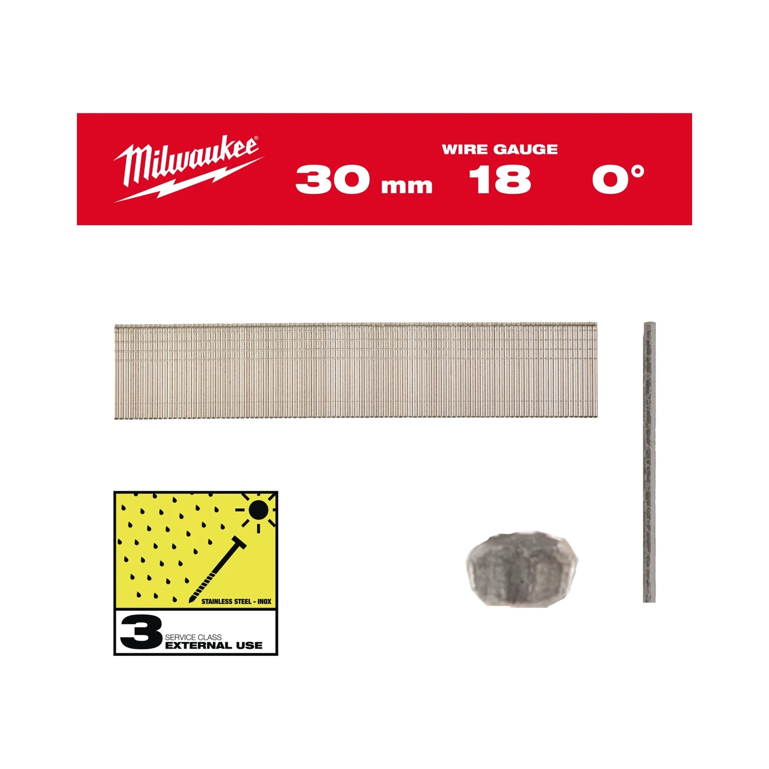 Milwaukee 18 Gauge Brad Nails Thin Finish Head 30mm 0deg Stainless Steel