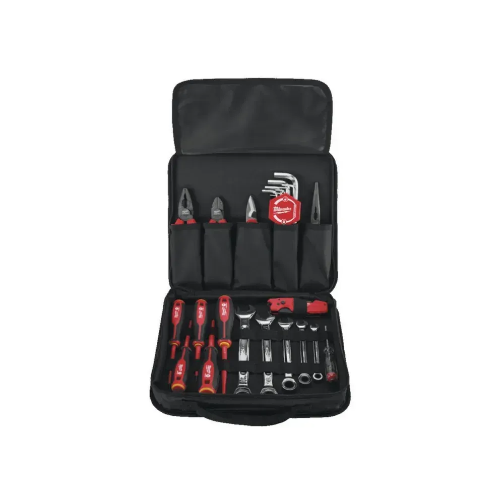 Milwaukee 4932492660 25-piece Electricians Starter Kit with VDE screwdrivers and tools.