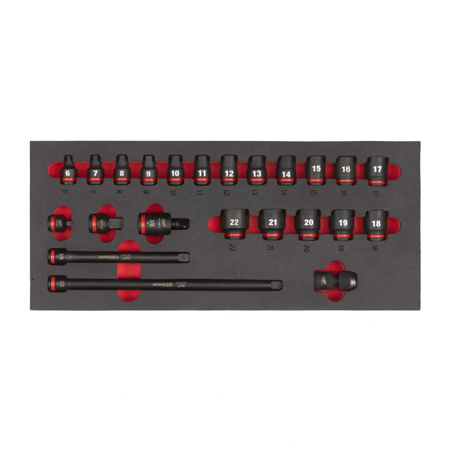 Milwaukee SHOCKWAVE 3/8 inch drive metric socket set in foam tray