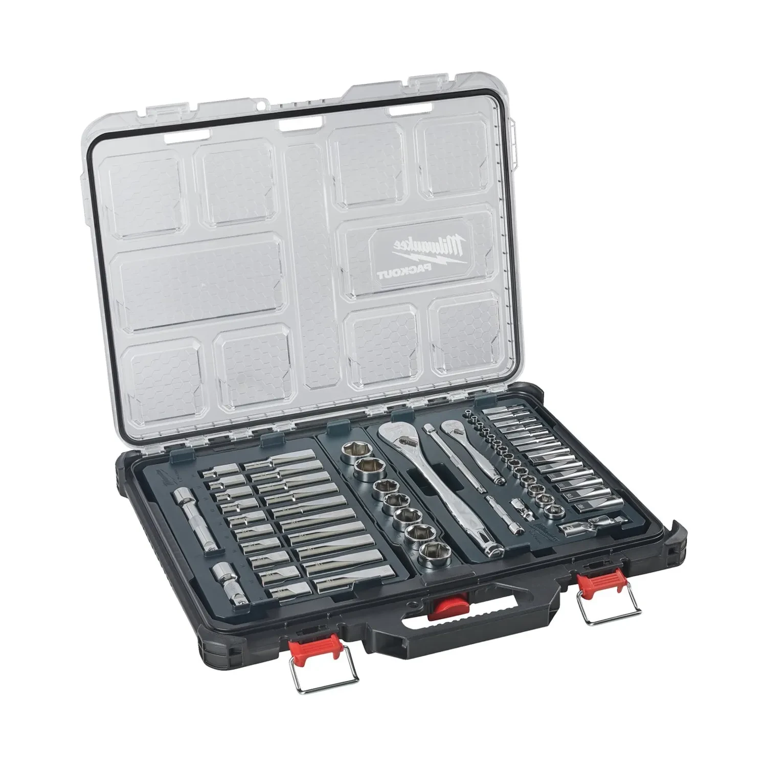 Milwaukee 63pc 1/4 and 1/2 Drive Ratchet and Socket Set Packout Slim Organiser
