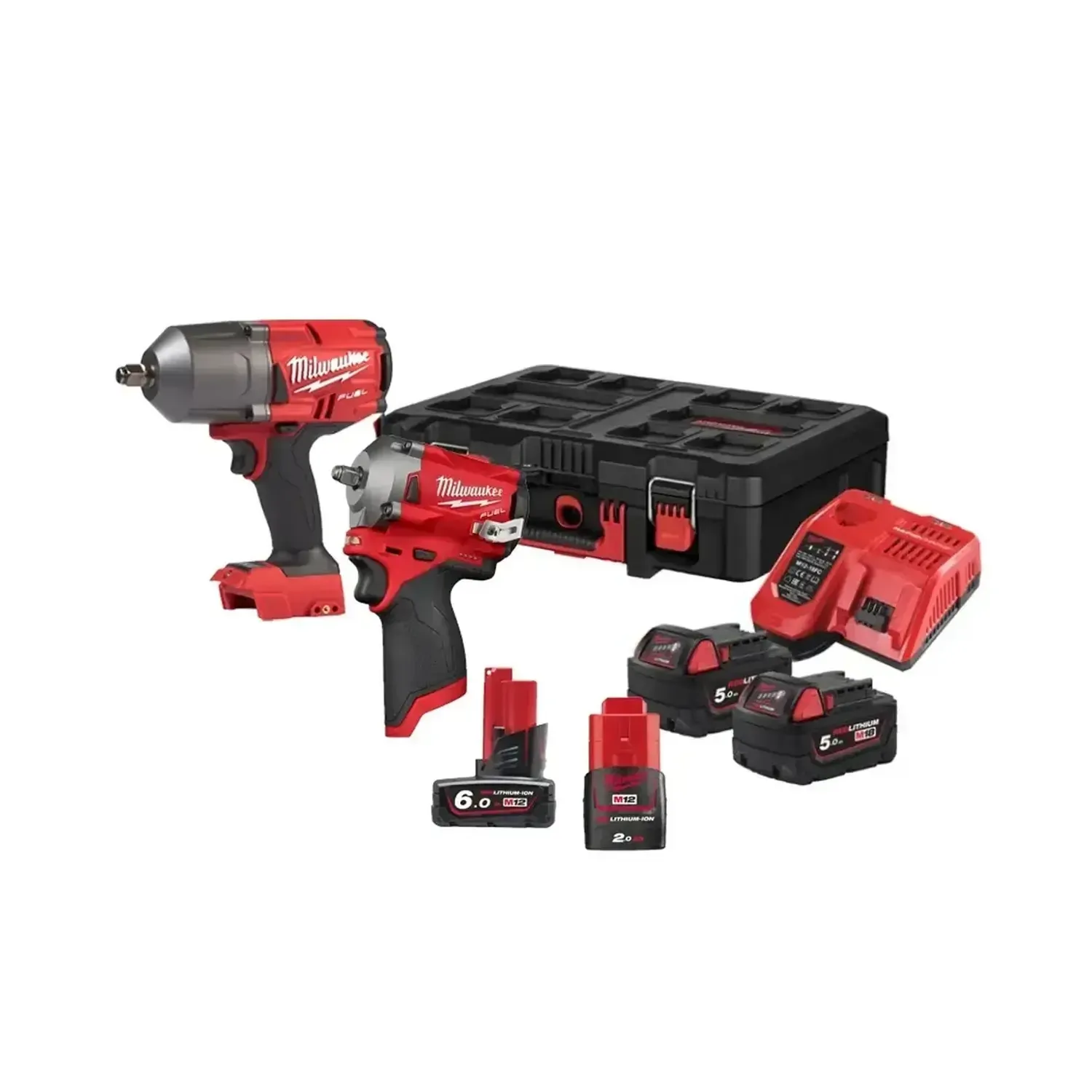 Milwaukee M18FPP2AE-564P Fuel Twin Kit 1/2" Wrench & 3/8" Stubby Wrench(2x5Ah 1x2Ah 1x6Ah)