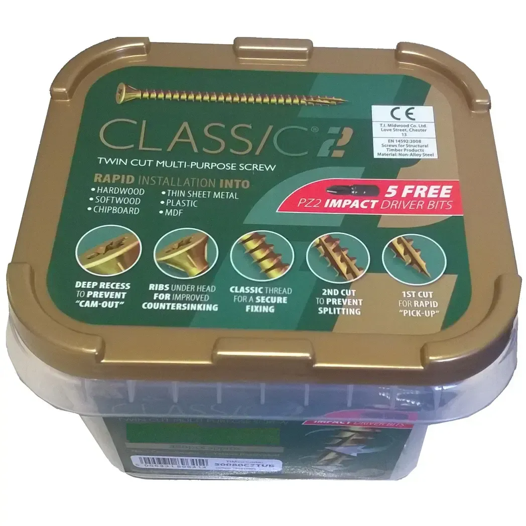 50050C2TUB - Timco 5mm x 50mm C2 Woodscrews PZ2 (CSK ZYP) 600 per Tub 50050C2TUB