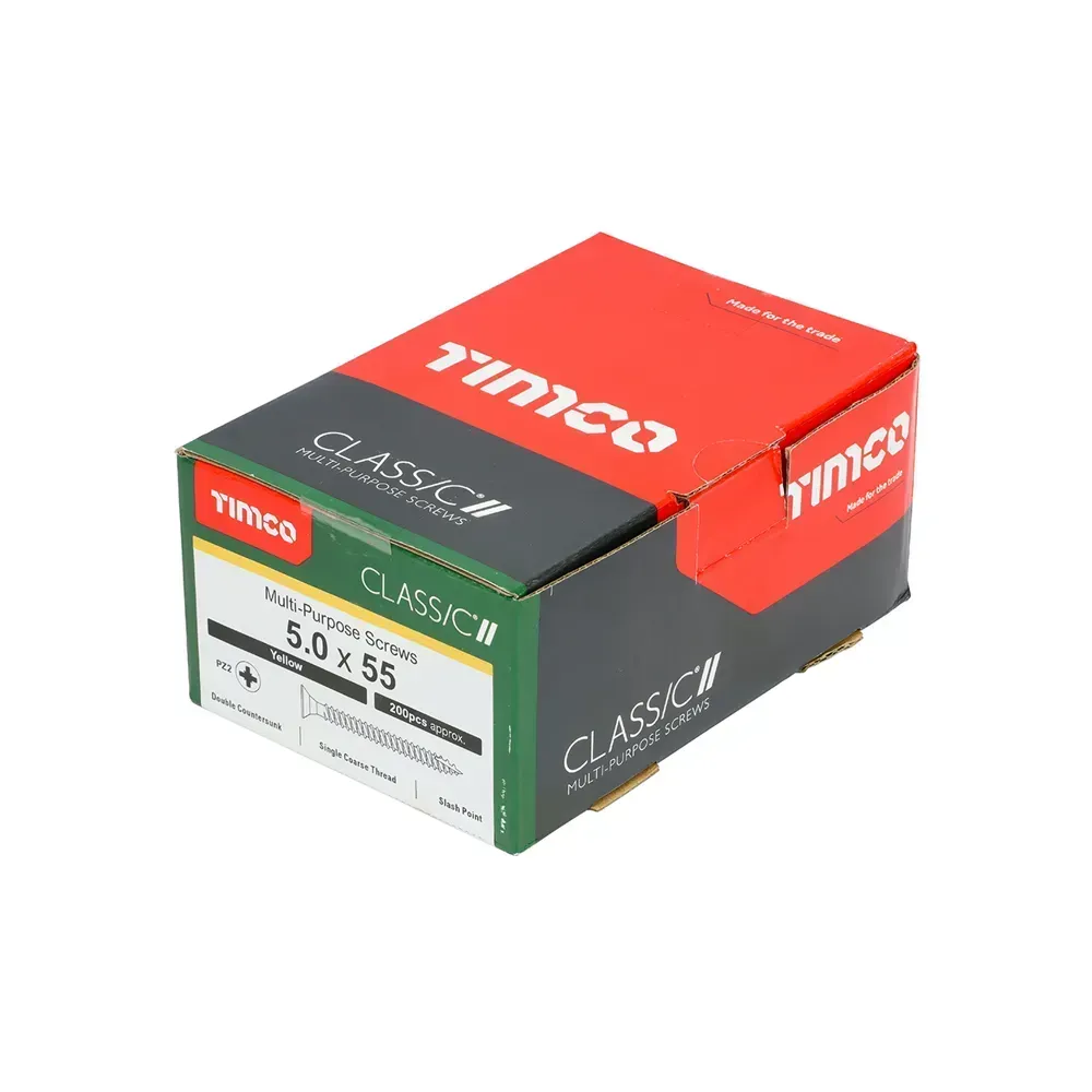 Box of 200 yellow zinc screws with a durable double countersunk head.