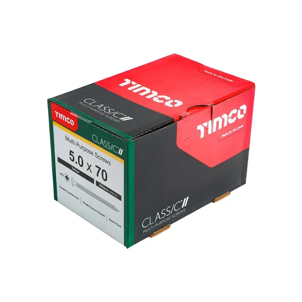 Box of 200 yellow zinc screws with durable double countersunk heads.