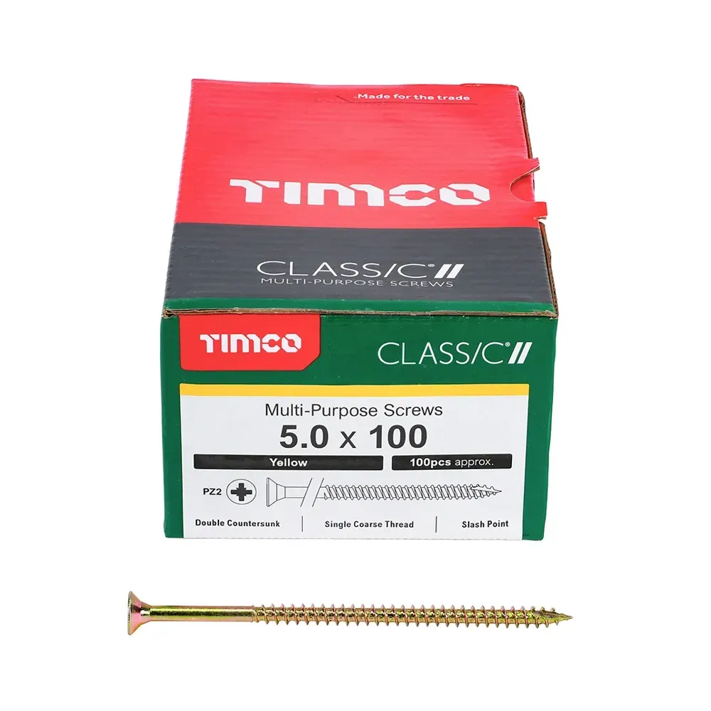 ox of 100 Timco 50100CLAF multi-purpose wood screws for construction projects