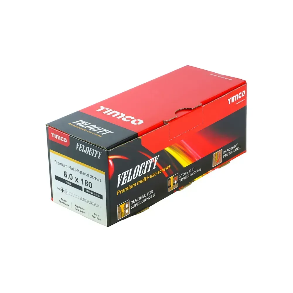 6.0 x 180mm Velocity premium multi-use screw with yellow zinc finish and PZ3 recess.