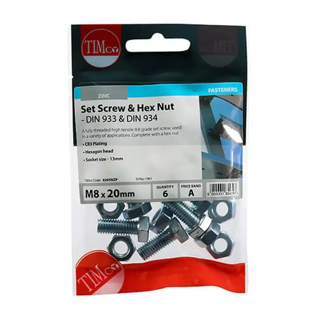 820SNZP - Timco Metric Ht Set Screw with Nut M8x20 Timpac 6 Pack