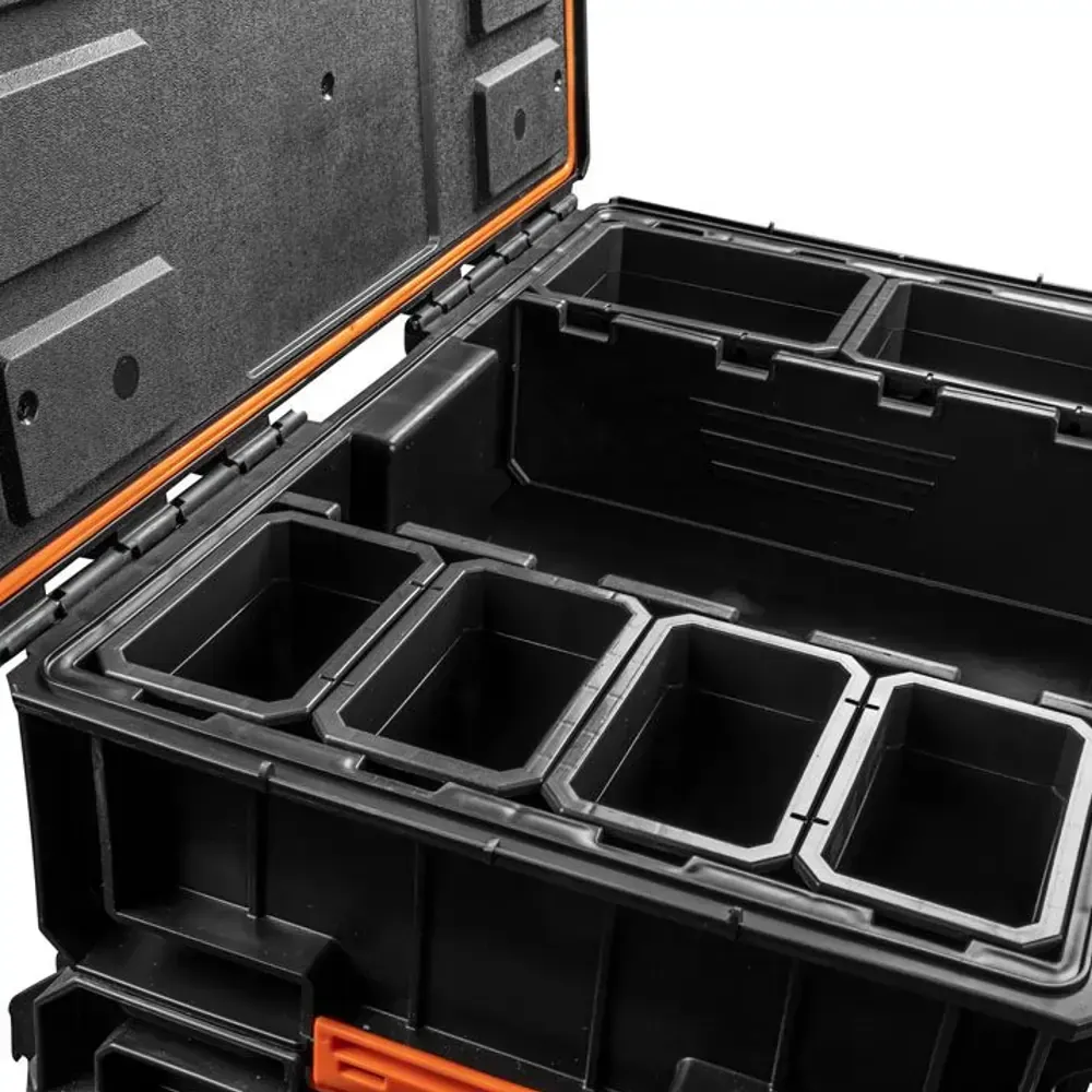 Professional tool box with secure compartments and moisture-resistant seal