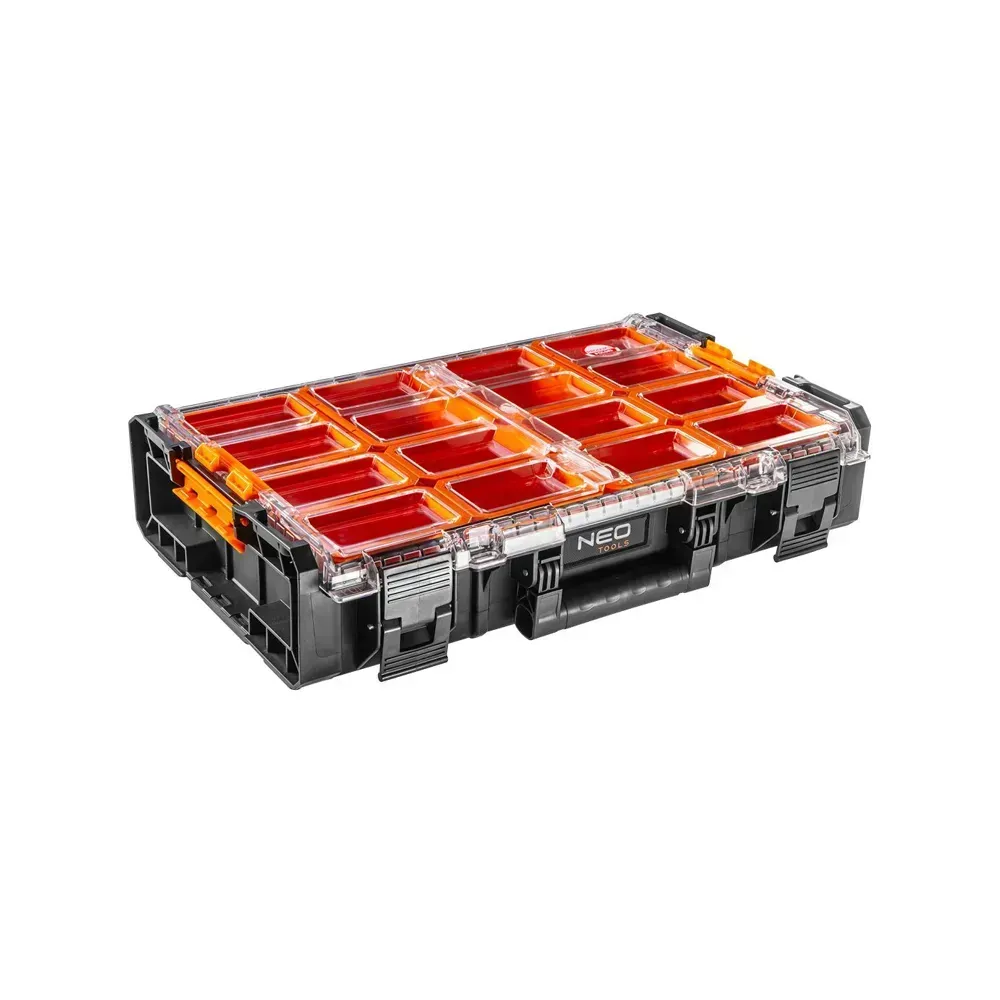 NEO Tools modular organizer with 12 removable containers and water-tight lid