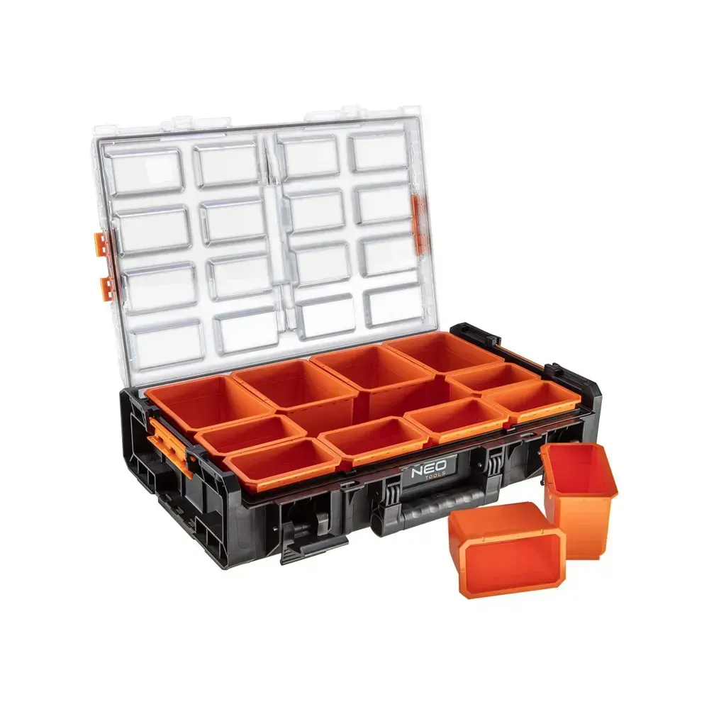 Tool organizer with large and medium trays, ideal for construction sites