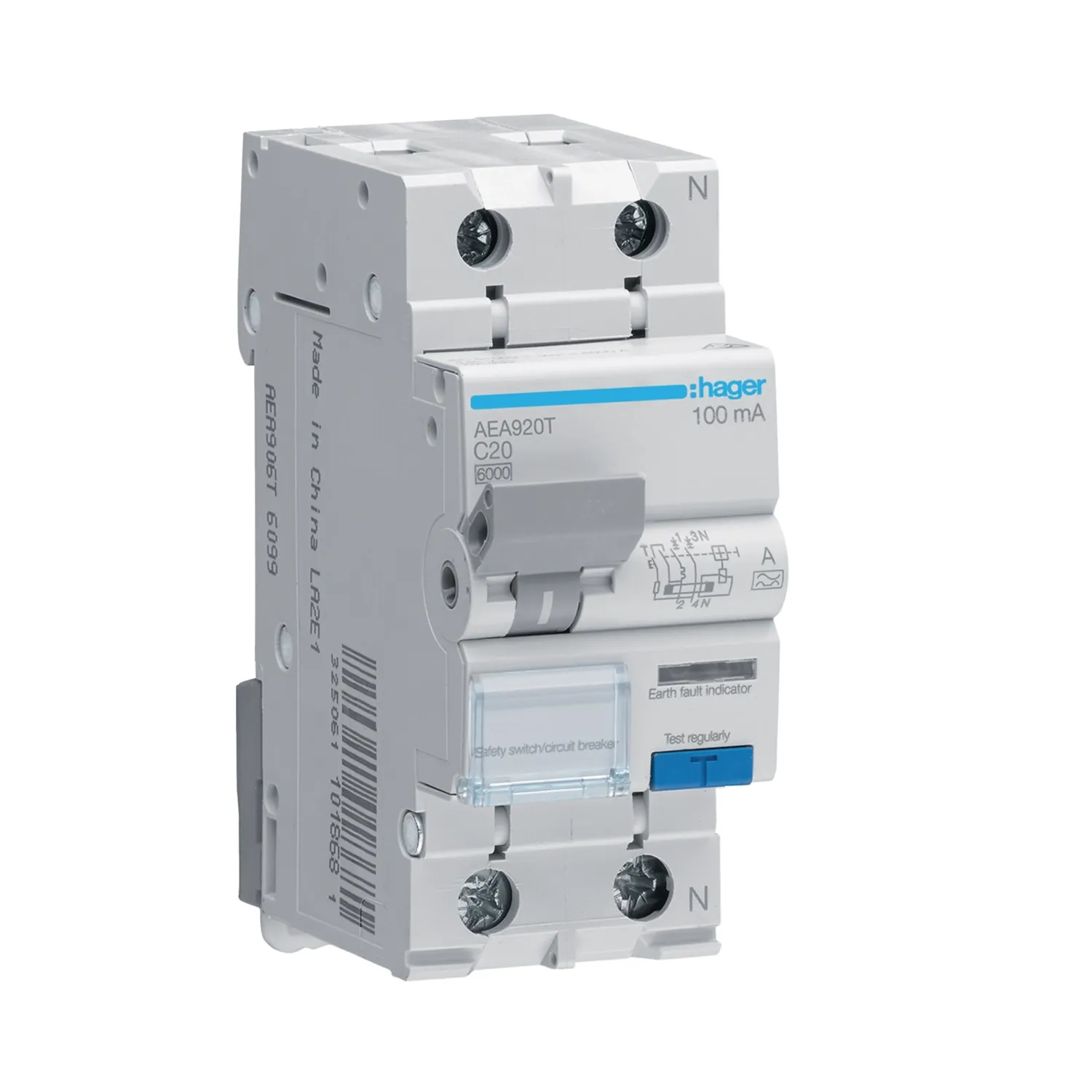 Hager RCBO 1P+N 20A 100mA C Curve Type A