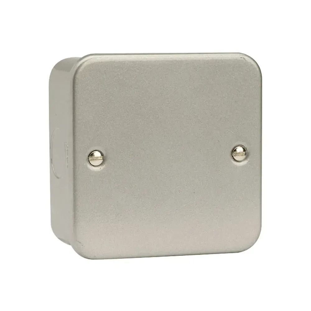 Grey metal blank plate for 1-gang socket, steel construction.