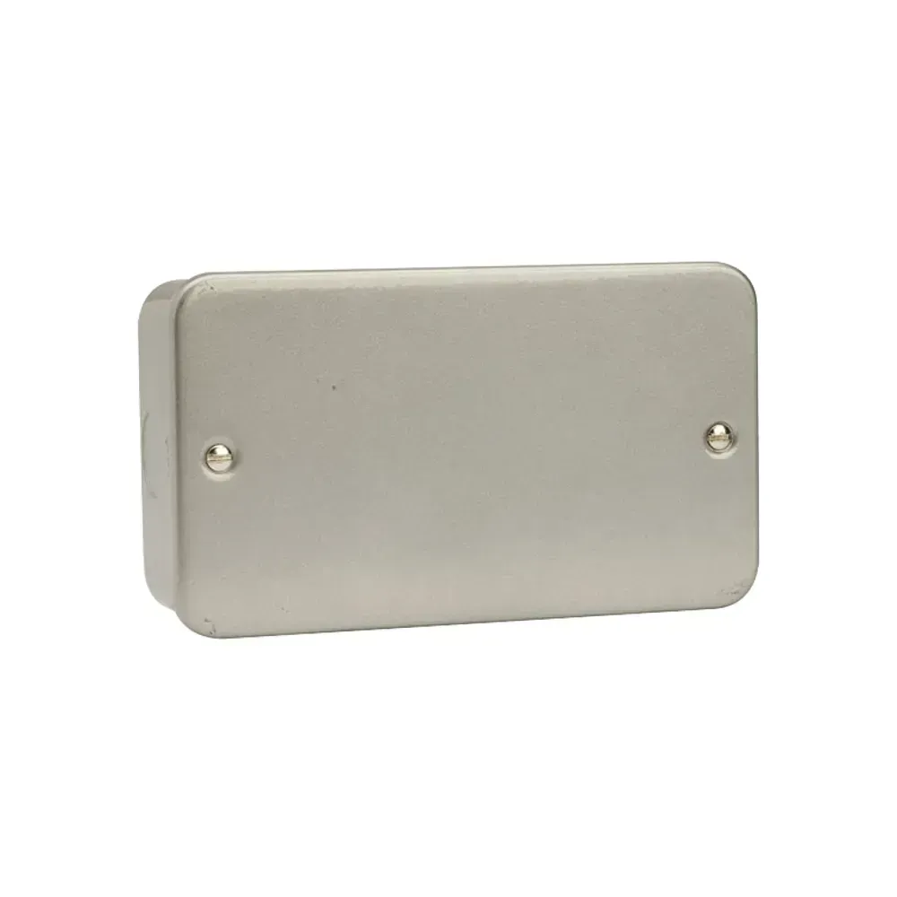 2-gang blank plate in grey, metal clad, for indoor electrical installations.