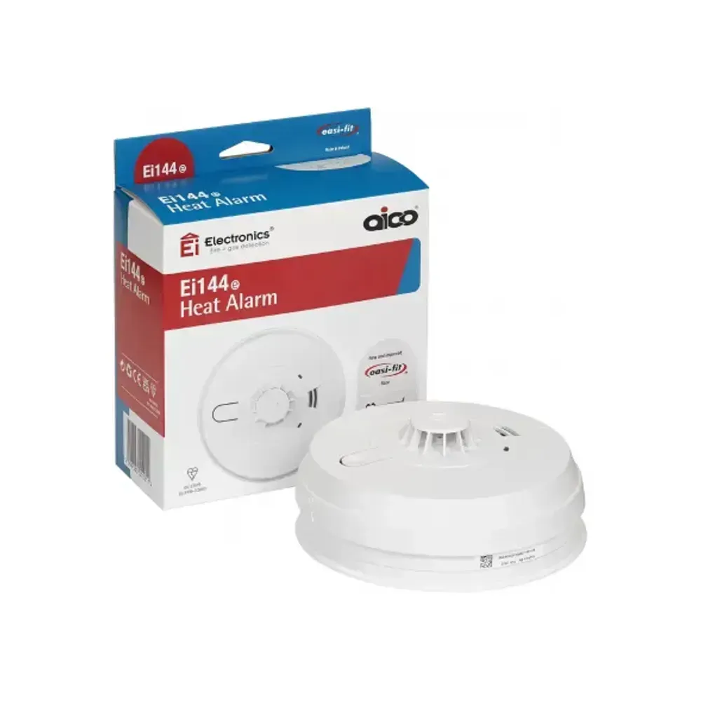 Heat alarm with fast-acting thermistor, 230V AC and 9V backup.